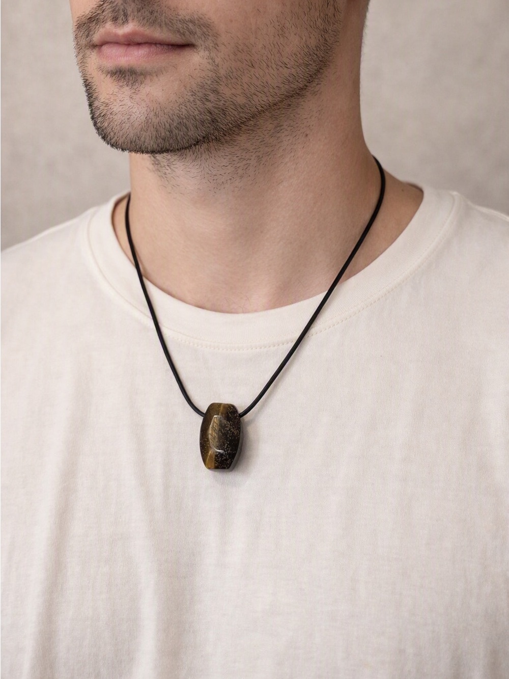 Tiger's Eye Stone Pendant Necklace on Black Coated Wire 16”